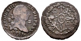 Charles III (1759-1788). 2 maravedis. 1781. Segovia. (Cal-44). Ae. 1,98 g. Very rare date. F/Choice F. Est...90,00. 


SPANISH DESCRIPTION: Carlos ...