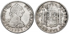 Charles III (1759-1788). 4 reales. 1773. México. FM. (Cal-886). Ag. 13,32 g. Inverted mintmark and assayer. Very rare date. Almost VF. Est...220,00. ...