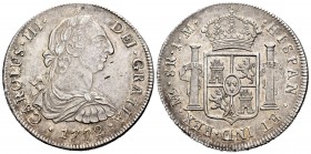 Charles III (1759-1788). 8 reales. 1772. Lima. JM. (Cal-1035). Ag. 26,74 g. First-year king´s bust. Minor hairlines. It retains some minor luster. Alm...