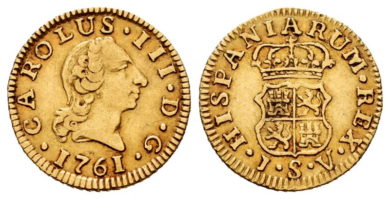 Charles III (1759-1788). 1/2 escudo. 1761. Sevilla. JV. (Cal-1289). Au. 1,76 g. ...