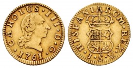 Charles III (1759-1788). 1/2 escudo. 1761. Sevilla. JV. (Cal-1289). Au. 1,76 g. "Rat nose" type. Beautiful colour. Scarce. Choice VF. Est...200,00. 
...