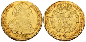 Charles III (1759-1788). 8 escudos. 1788. Santiago. DA. (Cal-2177). (Cal onza-949). Au. 26,88 g. Minor hairlines on obverse. Choice VF/Almost XF. Est....