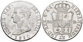 Joseph Napoleon (1808-1814). 20 reales. 1810. Madrid. AI. (Cal-37). Ag. 27,15 g. Large eagle. Some original luster remaining. AU. Est...400,00. 


...