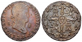 Ferdinand VII (1808-1833). 8 maravedis. 1823. Segovia. (Cal-223). Ae. 11,48 g. Two pellets to the right of date. Small planchet flaws. Rare. VF/Choice...