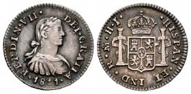 Ferdinand VII (1808-1833). 1/2 real. 1811. México. HJ. (Cal-393). Ag. 1,68 g. Imaginary bust. Attractive patina. Minor hairlines on obverse. Almost XF...