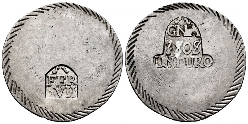 Ferdinand VII (1808-1833). 1 duro. 1808. Gerona. (Cal-1201). Ag. 26,36 g. Almost...