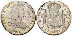 Ferdinand VII (1808-1833). 8 reales. 1816. Lima. JP. (Cal-1249). Ag. 26,97 g. Dirty die on obverse. A very good sample. Rare in this grade. Almost UNC...