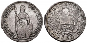 Ferdinand VII (1808-1833). 8 reales. 1833. Lima. MM. (Cal-1305). Ag. 26,76 g. Counterstamp. Tone. VF. Est...160,00. 


SPANISH DESCRIPTION: Fernand...