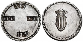 Ferdinand VII (1808-1833). 5 pesetas. 1809. Tarragona (Cataluña). (Cal-1429). Ag. 26,51 g. Tone. Choice VF. Est...170,00. 


SPANISH DESCRIPTION: F...
