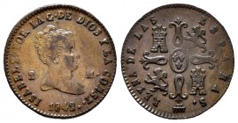 Elizabeth II (1833-1868). 2 maravedis. 1842. Segovia. (Cal-54). Ae. 2,33 g. A curious rectification on the 8 of the date. VF. Est...35,00. 


SPANI...