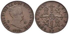 Elizabeth II (1833-1868). 8 maravedis. 1858. Barcelona. (Cal-100). Ae. 10,94 g. VF. Est...60,00. 


SPANISH DESCRIPTION: Isabel II (1833-1868). 8 m...