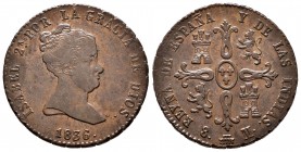 Elizabeth II (1833-1868). 8 maravedis. 1836. Segovia. (Cal-122). Ae. 10,91 g. Value on reverse. Scarce. VF/Choice VF. Est...70,00. 


SPANISH DESCR...