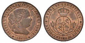 Elizabeth II (1833-1868). 1/2 centimo de escudo. 1867. Barcelona. OM. (Cal-200). Ae. 1,23 g. It retains some minor luster. Almost UNC. Est...60,00. 
...