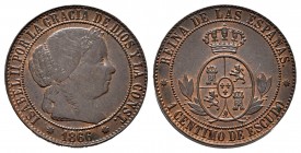 Elizabeth II (1833-1868). 1 centimo de escudo. 1866. Barcelona. Without OM. (Cal-213). Ae. 2,50 g. XF. Est...30,00. 


SPANISH DESCRIPTION: Isabel ...