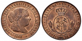 Elizabeth II (1833-1868). 2 1/2 centimos de escudo. 1868. Segovia. OM. (Cal-241). Ae. 6,38 g. Most of original luster. Almost UNC. Est...100,00. 

...