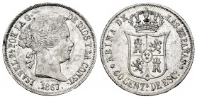 Elizabeth II (1833-1868). 40 centimos de escudo. 1867. Madrid. (Cal-502). Ag. 5,09 g. Choice VF. Est...25,00. 


SPANISH DESCRIPTION: Isabel II (18...
