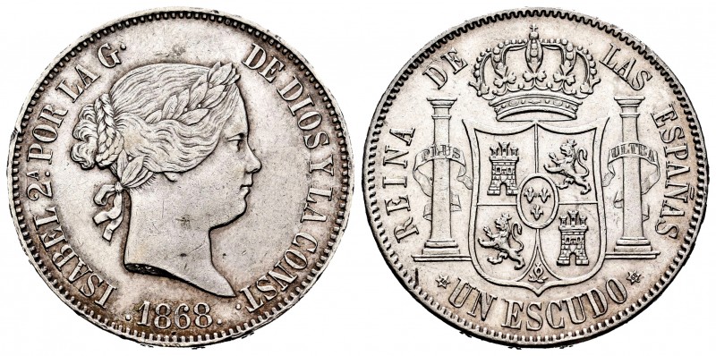 Elizabeth II (1833-1868). 1 escudo. 1868*18-68. Madrid. (Cal-567). Ag. 12,96 g. ...