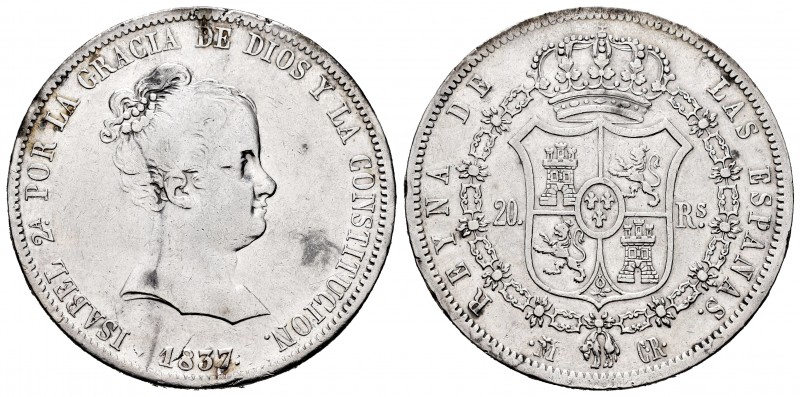 Elizabeth II (1833-1868). 20 reales. 1837. Madrid. (Cal-581). Ag. 26,98 g. It wa...