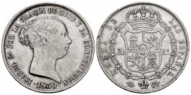 Elizabeth II (1833-1868). 20 reales. 1850. Madrid. CL. (Cal-591). Ag. 25,94 g. Scrachtes on edge. Almost VF. Est...120,00. 


SPANISH DESCRIPTION: ...