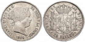 Elizabeth II (1833-1868). 20 reales. 1860. Sevilla. (Cal-637). Ag. 25,89 g. Retains collector's label. Scarce. VF. Est...150,00. 


SPANISH DESCRIP...