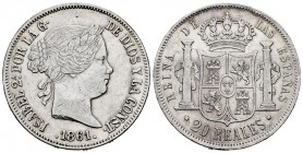 Elizabeth II (1833-1868). 20 reales. 1861/51. Sevilla. (Cal-640 var). Ag. 25,97 g. Overdate. Very rare. Choice VF. Est...300,00. 


SPANISH DESCRIP...