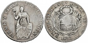 Elizabeth II (1833-1868). YII crowned counterstamp for circulation in Manila, over 8 reales of Peru. 1833. Cuzco. BA. (Cal-688). Ag. 26,74 g. Cleaned....
