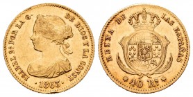 Elizabeth II (1833-1868). 40 reales. 1863. Madrid. (Cal-677). Au. 3,23 g. Nicks on edge. Almost XF/XF. Est...150,00. 


SPANISH DESCRIPTION: Isabel...