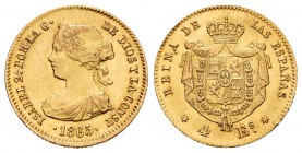 Elizabeth II (1833-1868). 4 escudos. 1865. Madrid. (Cal-688). Au. 3,34 g. XF. Est...160,00. 


SPANISH DESCRIPTION: Isabel II (1833-1868). 4 escudo...