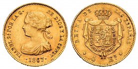 Elizabeth II (1833-1868). 4 escudos. 1867. Madrid. (Cal-691). Au. 3,38 g. Choice VF. Est...160,00. 


SPANISH DESCRIPTION: Isabel II (1833-1868). 4...