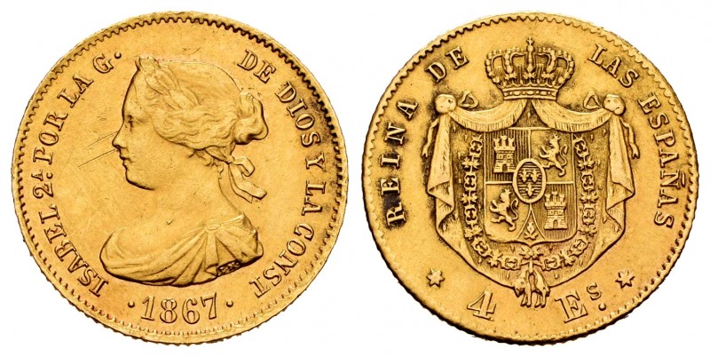 Elizabeth II (1833-1868). 4 escudos. 1867. Madrid. (Cal-691). Au. 3,34 g. Cleane...