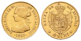 Elizabeth II (1833-1868). 4 escudos. 1867. Madrid. (Cal-691). Au. 3,36 g. XF. Est...160,00. 


SPANISH DESCRIPTION: Isabel II (1833-1868). 4 escudo...