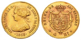 Elizabeth II (1833-1868). 4 escudos. 1868*6-8. Madrid. (Cal-693). Au. 3,30 g. Minor nick on edge. Almost XF. Est...200,00. 


SPANISH DESCRIPTION: ...