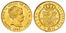 Elizabeth II (1833-1868). 80 reales. 1840. Barcelona. PS. (Cal-705). Au. 6,72 g. Minor nick on edge. Original luster. AU. Est...350,00. 


SPANISH ...
