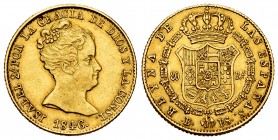 Elizabeth II (1833-1868). 80 reales. 1846. Barcelona. PS. (Cal-715). Au. 6,75 g. Choice VF. Est...350,00. 


SPANISH DESCRIPTION: Isabel II (1833-1...