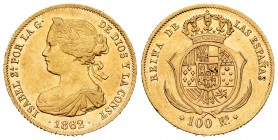 Elizabeth II (1833-1868). 100 reales. 1862. Madrid. (Cal-789). Au. 8,35 g. AU. Est...375,00. 


SPANISH DESCRIPTION: Isabel II (1833-1868). 100 rea...