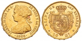 Elizabeth II (1833-1868). 10 escudos. 1868*18-68. Madrid. (Cal-815). Au. 8,35 g. Almost UNC. Est...375,00. 


SPANISH DESCRIPTION: Isabel II (1833-...