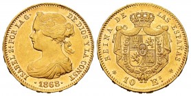 Elizabeth II (1833-1868). 10 escudos. 1868*18-68. Madrid. (Cal-815). Au. 8,42 g. Minor planchet flaw. Minimal hairlines. Original luster. XF/AU. Est.....