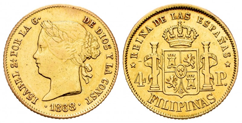 Elizabeth II (1833-1868). 4 pesos. 1868. Manila. (Cal-865). Au. 6,70 g. Repaired...