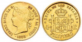 Elizabeth II (1833-1868). 4 pesos. 1868. Manila. (Cal-865). Au. 6,70 g. Repaired welding at 12 o´clock. Choice VF/Almost XF. Est...300,00. 


SPANI...