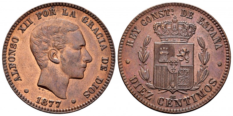 Alfonso XII (1874-1885). 10 centimos. 1877. Barcelona. OM. (Cal-8). Ae. 9,95 g. ...