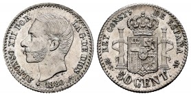 Alfonso XII (1874-1885). 50 centimos. 1880*8-0. Madrid. MSM. (Cal-11). Ag. 2,46 g. Hairline on obverse. Plenty of original luster. Rare in this condit...