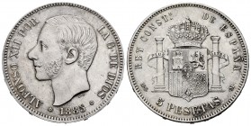 Alfonso XII (1874-1885). 5 pesetas. 1885*18-87. Madrid. MSM. (Cal-62). Ag. 24,96 g. Slightly cleaned. Almost XF. Est...150,00. 


SPANISH DESCRIPTI...