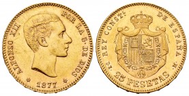 Alfonso XII (1874-1885). 25 pesetas. 1877*18-77. Madrid. DEM. (Cal-68). Au. 8,06 g. Minor hairlines. XF. Est...350,00. 


SPANISH DESCRIPTION: Cent...