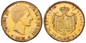 Alfonso XII (1874-1885). 25 pesetas. 1877*18-77. DEM. 8,07 g. Contemporary counterfeit in platinum. Choice VF. Est...400,00. 


SPANISH DESCRIPTION...