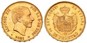 Alfonso XII (1874-1885). 25 pesetas. 1881*18-81. Madrid. MSM. (Cal-82). Au. 8,07 g. Minor marks. XF/AU. Est...350,00. 


SPANISH DESCRIPTION: Cente...