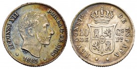 Centenary of the Peseta (1868-1931). Alfonso XII (1874-1885). 10 centavos. 1885. Manila. (Cal-102). Ag. 2,40 g. Iridescent tone. Choice VF. Est...25,0...