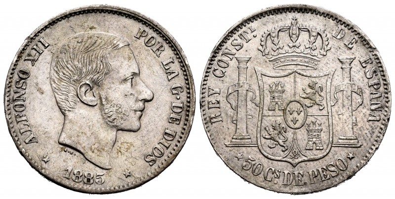 Alfonso XII (1874-1885). 50 centavos. 1885. Manila. (Cal-124). Ag. 12,99 g. XF. ...