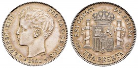 Alfonso XIII (1886-1931). 1 peseta. 1901*19-01. Madrid. SMV. (Cal-63). Ag. 5,00 g. Slightly cleaned. XF. Est...75,00. 


SPANISH DESCRIPTION: Cente...
