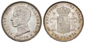 Alfonso XIII (1886-1931). 1 peseta. 1903*19-03. Madrid. SMV. (Cal-67). Ag. 4,97 g. Almost UNC. Est...75,00. 


SPANISH DESCRIPTION: Centenario de l...