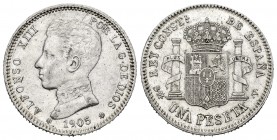 Alfonso XIII (1886-1931). 1 peseta. 1905*19-05. Madrid. SMV. (Cal-70). Ag. 4,98 g. Scarce in this grade. Almost XF. Est...320,00. 


SPANISH DESCRI...